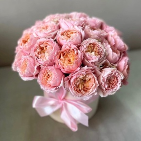 Композиция в шляпной коробке из кустовой пионовидной розы Джульетта в Раменском