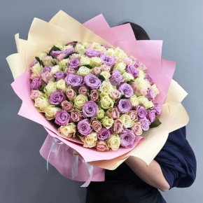 Букет из 101 розы пастельный микс и роз Меритим (40 см) в Раменском