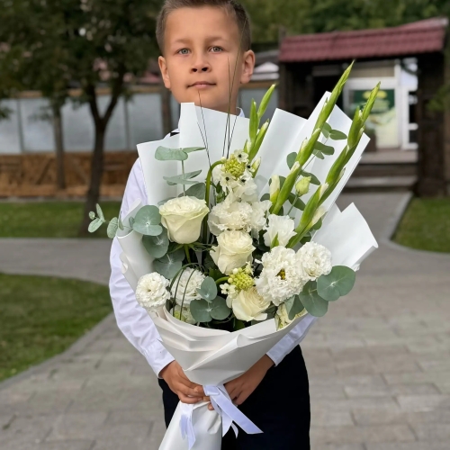 Букет на 1 сентября с гладиолусами, розами, эустомой и орнитогалумом в Раменском